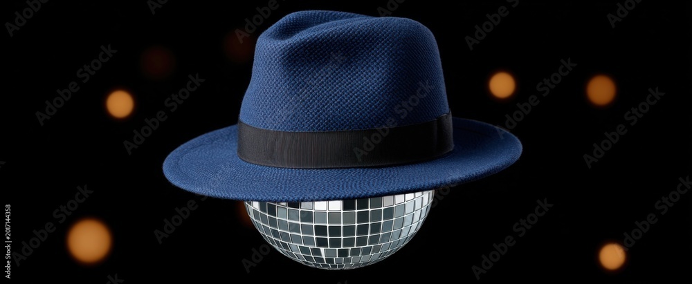 Fototapeta premium Blue fedora hat atop a sparkling disco ball chic party must-have for events on white