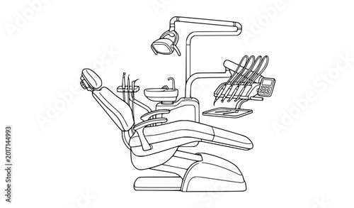Dental chair and medical equipment hand drawn illustration isolated on white background