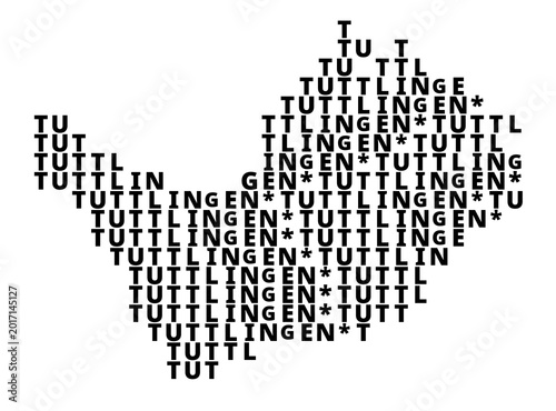 Typographic Map of the city Tuttlingen (Germany) with a pattern of capital letters that only show the name of the city