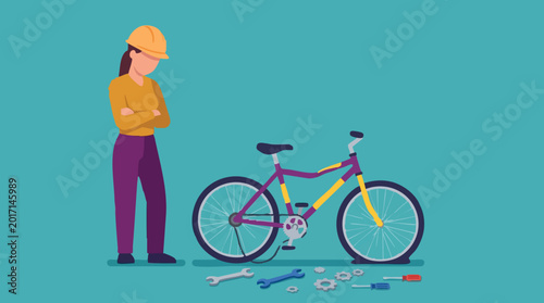 Foto Woman contemplating a broken bicycle with flat tire and repair tools