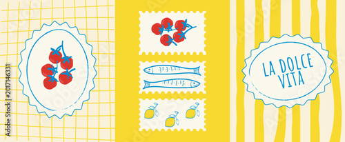 Mediterranean Italian Summer Poster Set with Tomatoes Sardines Lemons