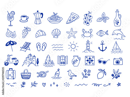 Hand drawn Amalfi Coast doodle set with Italian food, beach icons,  sailboats and Mediterranean summer symbols