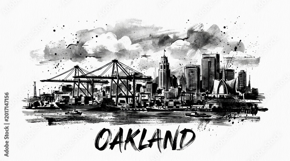 Fototapeta premium Oakland skyline silhouette featuring port cranes, city buildings, and Bay Area atmosphere, black and white ink illustration with dynamic brush strokes, expressive typography below reading