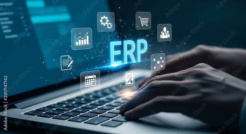 Obraz premium Enterprise resource planning erp software concept with person using laptop and digital icons