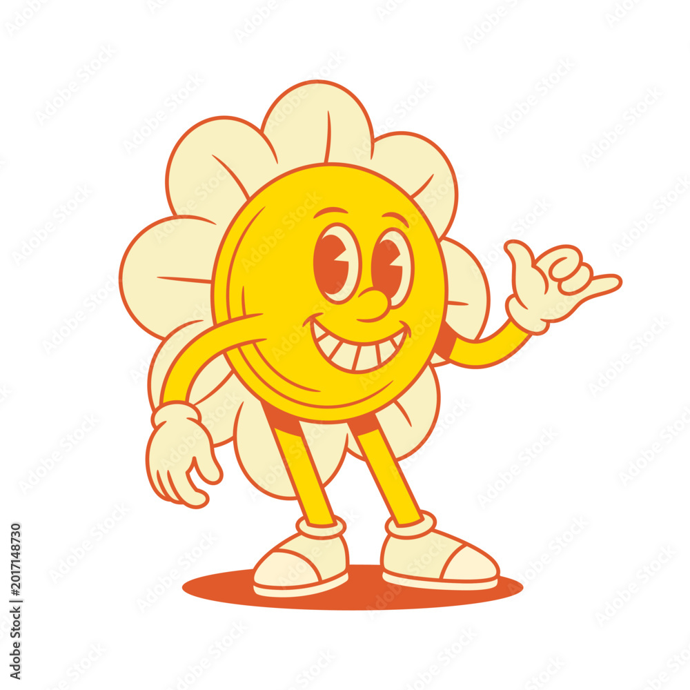 Fototapeta premium Relaxed smiling yellow flower chamomile cartoon character surf gesture contoured vector flat illustration. Cute cheerful summer floral blossom mascot garden plant resting cool hipster gesturing
