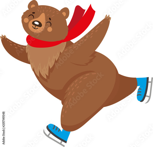 Foto Brown bear wearing a red scarf and blue ice skates, smiling and actively gliding