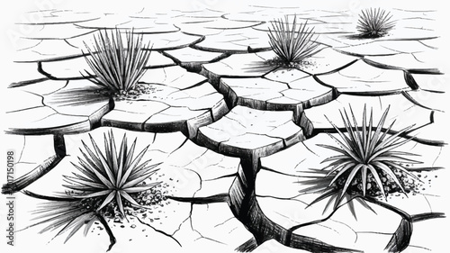 A drawing of cracked dry earth with spiky desert plants growing through the fissures