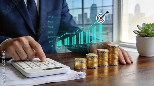 Financial growth concept with rising bar chart graph over stacks of gold coins and calculator, investment profit target achievement and wealth accumulation strategy for future