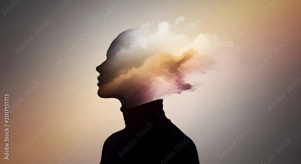 Naklejka premium Silhouette profile of a person with clouds inside the head. Creativity and imagination concept. Human head outline merging with soft mist and golden light