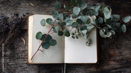 Open notebook with dried eucalyptus branch on wooden table symbolizing creativity and nature