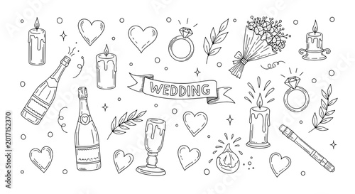 Wedding illustration set with hearts, candles, rings, and flowers featuring bouquet, champagne, celebration with love and marriage elements for