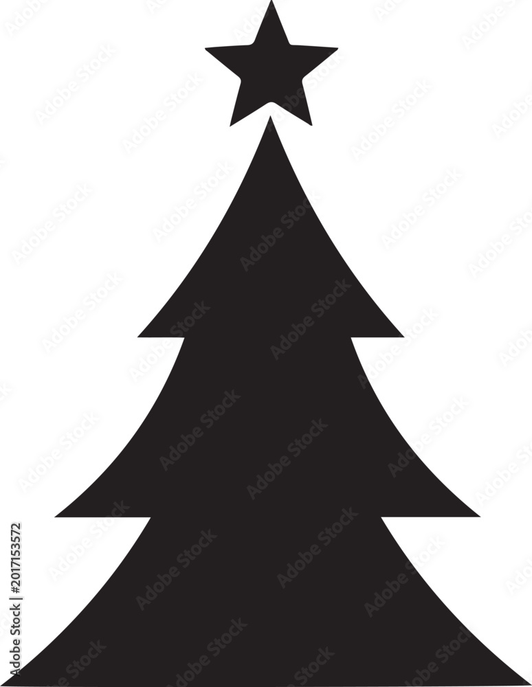 Obraz premium This clean graphic illustration of a black pine tree silhouette topped with a simple star represents a festive holiday season icon presented on white background.