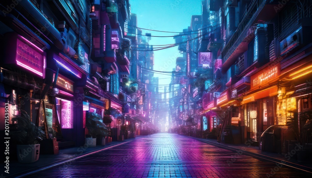 Obraz premium Futuristic Cyberpunk City Street at Night with Neon Lights.