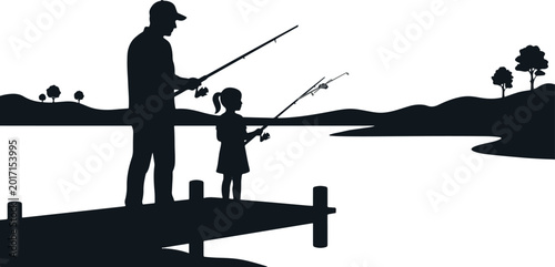 Adult teaching child fishing on a wooden bridge