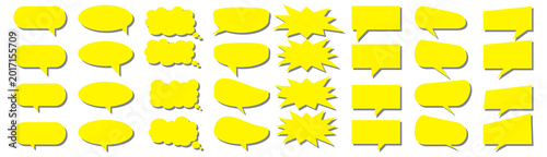 A set of chat box designs for comments on social media or comics in yellow on a white background. Vector designs of speech bubbles, text boxes, and conversational chat columns in comics.