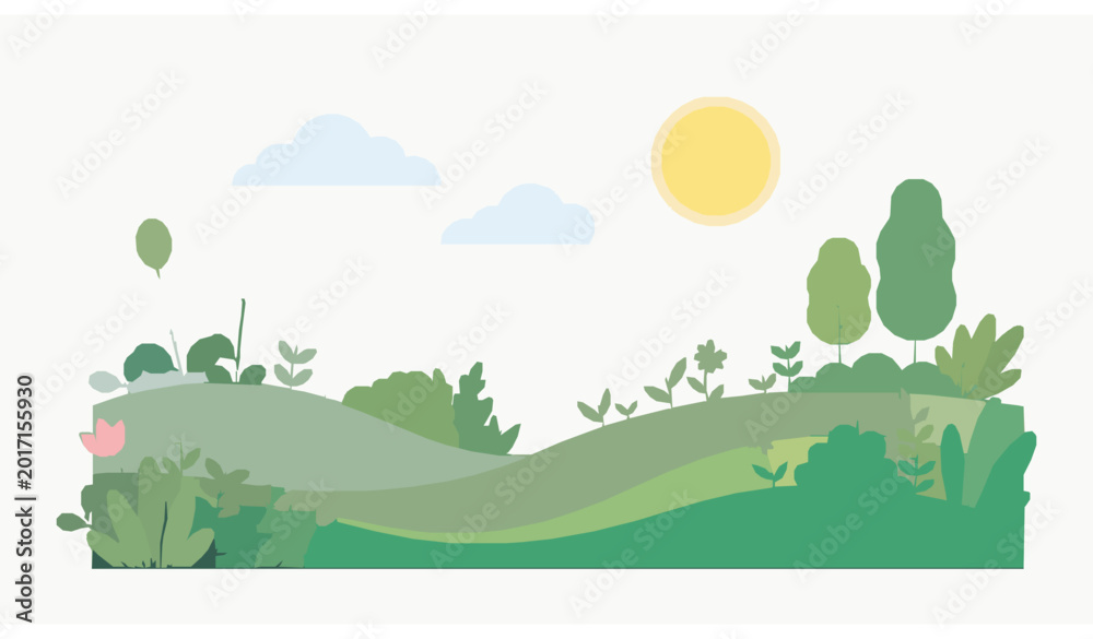 Fototapeta premium Minimal Nature Theme Vector Art with Plants Hills Clouds and Organic Landscape Design