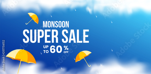 Monsoon sale banner template. Rainy season offer background design. Vector illustration