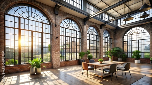 Industrial Loft Interior with Arched Windows, Exposed Structure, and Natural Sunlight Streaming In for Modern Urban Architecture Concept