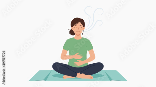 Woman meditating and breathing deeply on a yoga mat with eyes closed and hands on stomach vector style