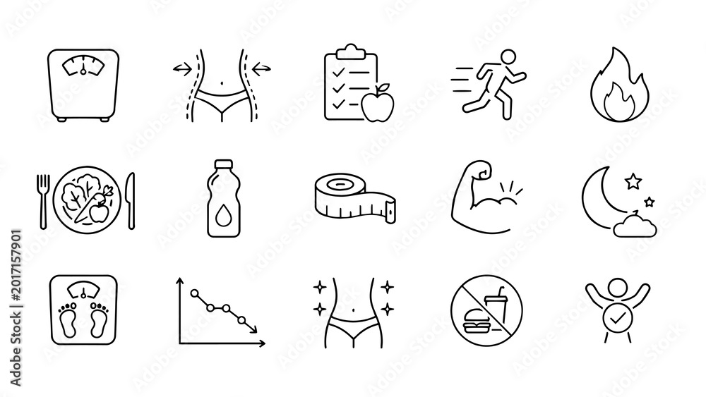 Fototapeta premium 16 Fitness Healthy Lifestyle Line Icons Set – Gym, Workout, Diet, Wellness, Sports Editable Vector Illustration