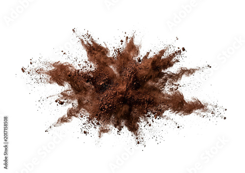Rich brown cocoa powder exploding in mid-air, fine texture, natural lighting isolated on a transparent background
