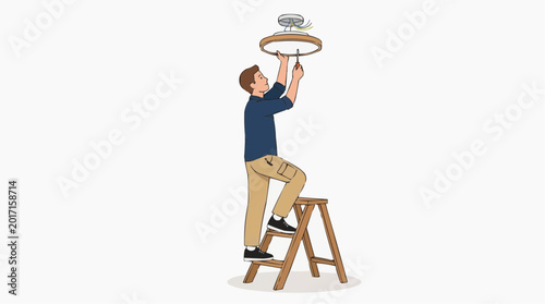 Man installing ceiling light fixture on a stepladder with tools vector style