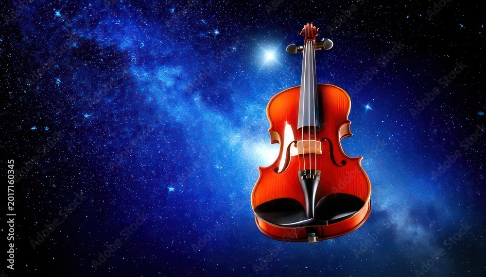 Fototapeta premium Acoustic Violin Floating in the Vastness of Space Amongst Stars.