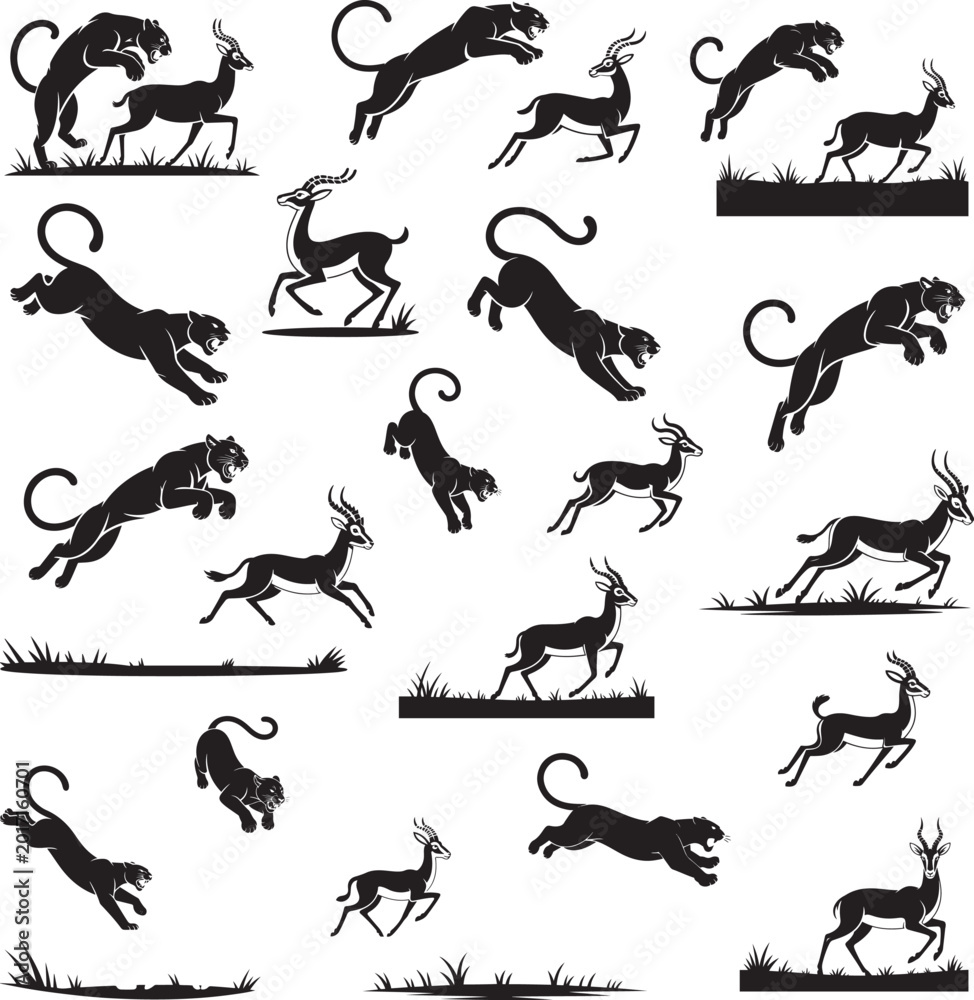 Fototapeta premium Panther hunting antelope in silhouette set repeated pattern.