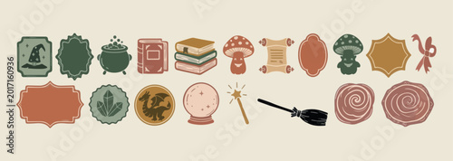 Canvas-taulu Magic and wizardry equipment, mysterious spell book and wand, crystal ball alche