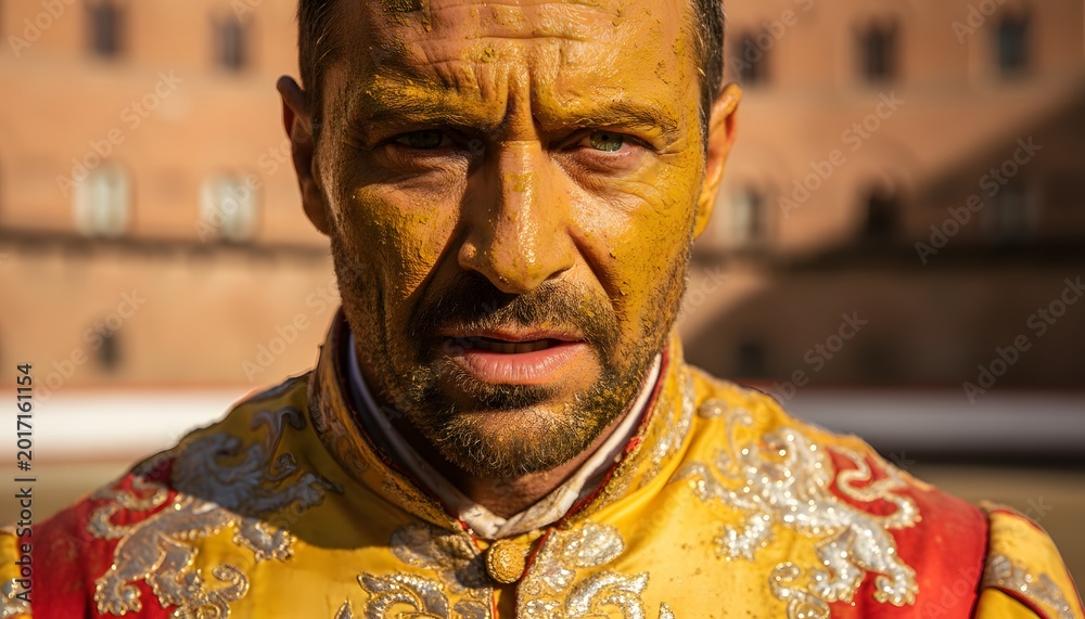 Obraz premium Close-up of a Palio rider with face covered in dirt during the historic Il Palio horse race in Siena for tradition and competition concept with an intense expression