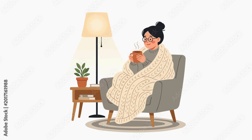 Fototapeta premium Woman wrapped in blanket holding mug of hot drink sitting in armchair by lamp vector style