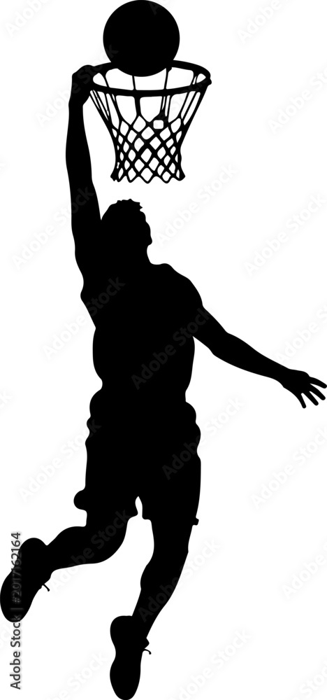 Obraz premium Basketball player dunking ball in hoop black silhouette vector illustration isolated on white