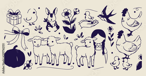 Bild auf Leinwand Pastoral lamb and girl illustration, sweet country life farm art, gentle sheep a