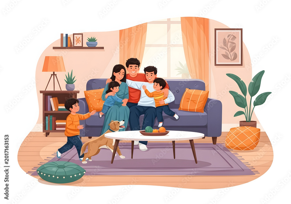 Fototapeta premium Family gathers in cozy living room with dog and plants