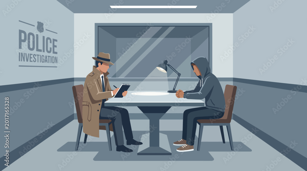 Fototapeta premium Police interrogation room with detective and suspect.