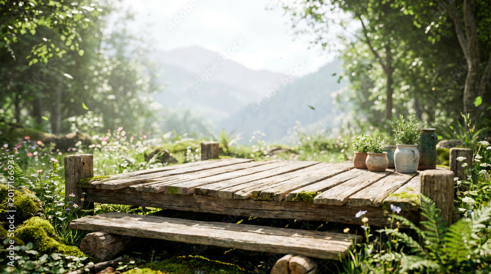 Fototapeta premium Rustic Wooden Deck in Enchanted Forest Garden with Mountains