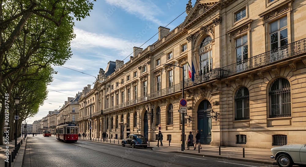 Fototapeta premium Historic Stone Buildings Lining Quiet European City Street with Red Tram