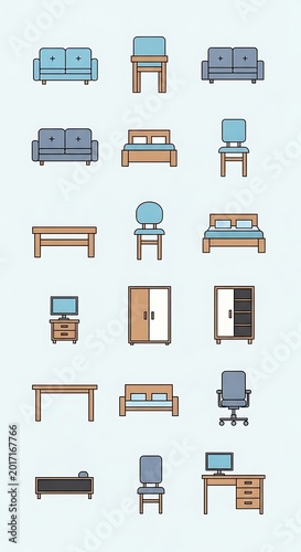 Colorful Furniture Icon Set Arranged on Light Blue Background