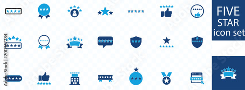 Schilderij op canvas five star rating icons set blue and white satisfaction and excellence symbols hi