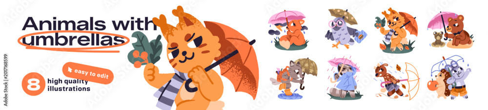 Fototapeta premium Cute baby animals with umbrellas set. Funny forest characters hide from autumn rain. Fox, wolf and bear with canopy, raincoat in rainy weather. Flat isolated vector illustrations on white background