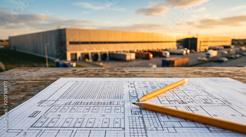 Architectural blueprint warehouse layout with pencil softly defocused logistics warehouse background golden hour real estate concept