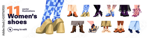 Women legs in shoes set. Female feet with trendy footwear-sports sneakers, high boots, sandals and heels. Various fashion footgears. Flat isolated vector illustrations on white background