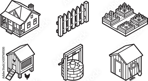 Bilde på lerret Set of 6 Isometric Line Icons for Rural Farming, Countryside Living, and Agriculture Elements Isolated on White Background