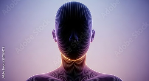 Digital wireframe of a human head with glowing lines. Artificial intelligence and neural network concept. 3D face silhouette formed by topographic light strands on a purple background