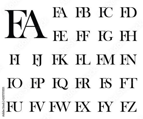 An elegant serif typography poster featuring stylised FA–FZ letter combinations in cream against a white background. Ideal for branding, monograms, and luxury design themes.