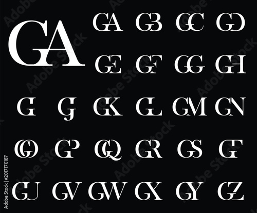 A luxury serif monogram collection featuring the letter combinations GA–GZ in elegant black typography against a dark background. Perfect for branding, logos, and premium design projects.