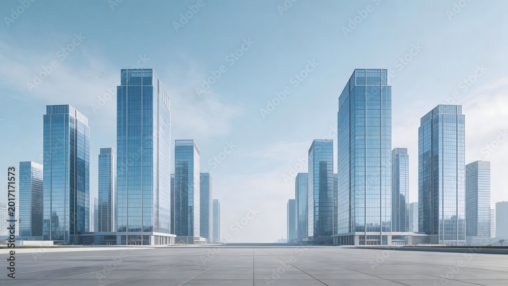 Fototapeta premium Modern glass skyscrapers in urban setting