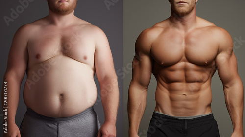 A stark before-and-after comparison displays a man's significant body transformation from overweight with a soft physique to extremely muscular with defined abs and chest.