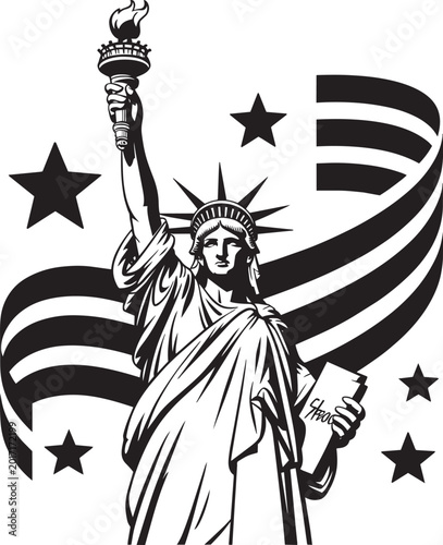 Obraz na plátně Statue of Liberty with american flag and stars in solid style with american holi