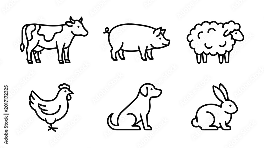 Obraz premium Farm animals line icons set with petting zoo animal care livestock countryside agriculture illustration domestic